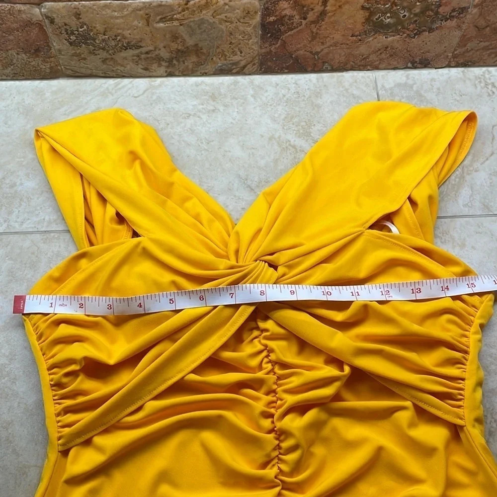 Self-Portrait Dress Bodycon Mini Size 8 Yellow Jersey Off-Shoulder Ruched - Picture 12 of 13